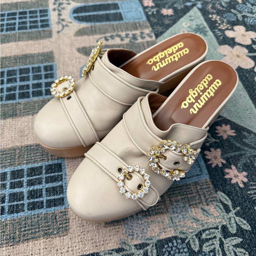 Autumn Adeigbo Cream Mules with Crystal Embellishment